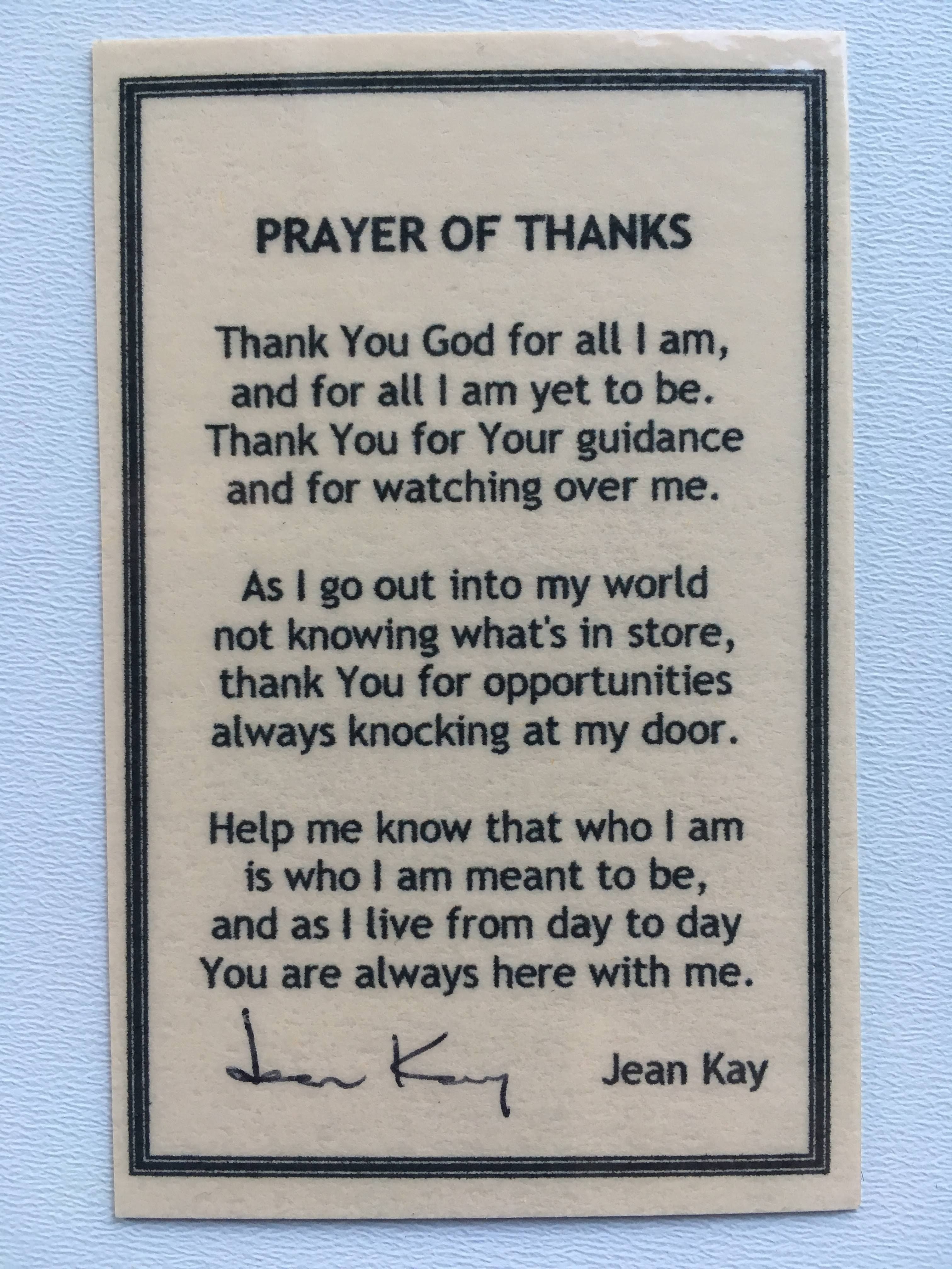 A prayer card with a prayer by the title of "Prayer of Thanks" by Jean Kay