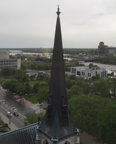 Bird perched on the top of a church steeple