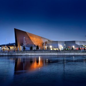 Canadian War Museum lit up at night