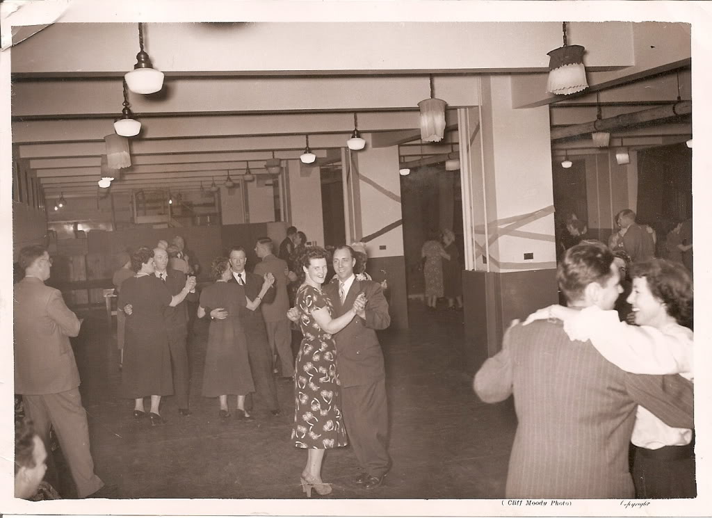 Black-and-white photo of dance hall in the 1950s