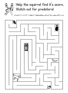 Child's activity sheet maze where a squirrel find an acorn