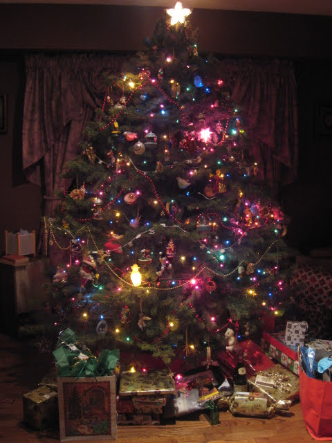Christmas tree with lights illuminated