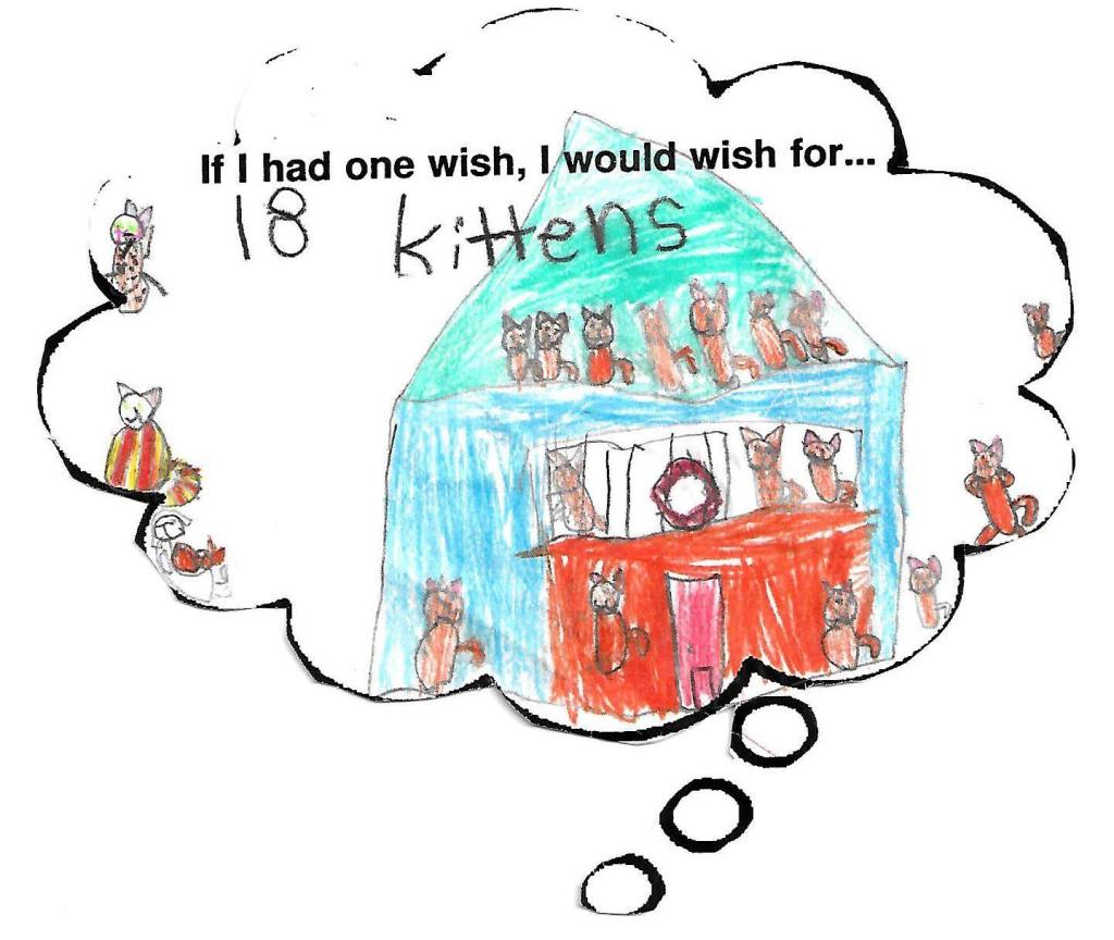 A child's drawing of a house full of cats. The heading reads: If I had one wish, I would wish for 18 kittens." 