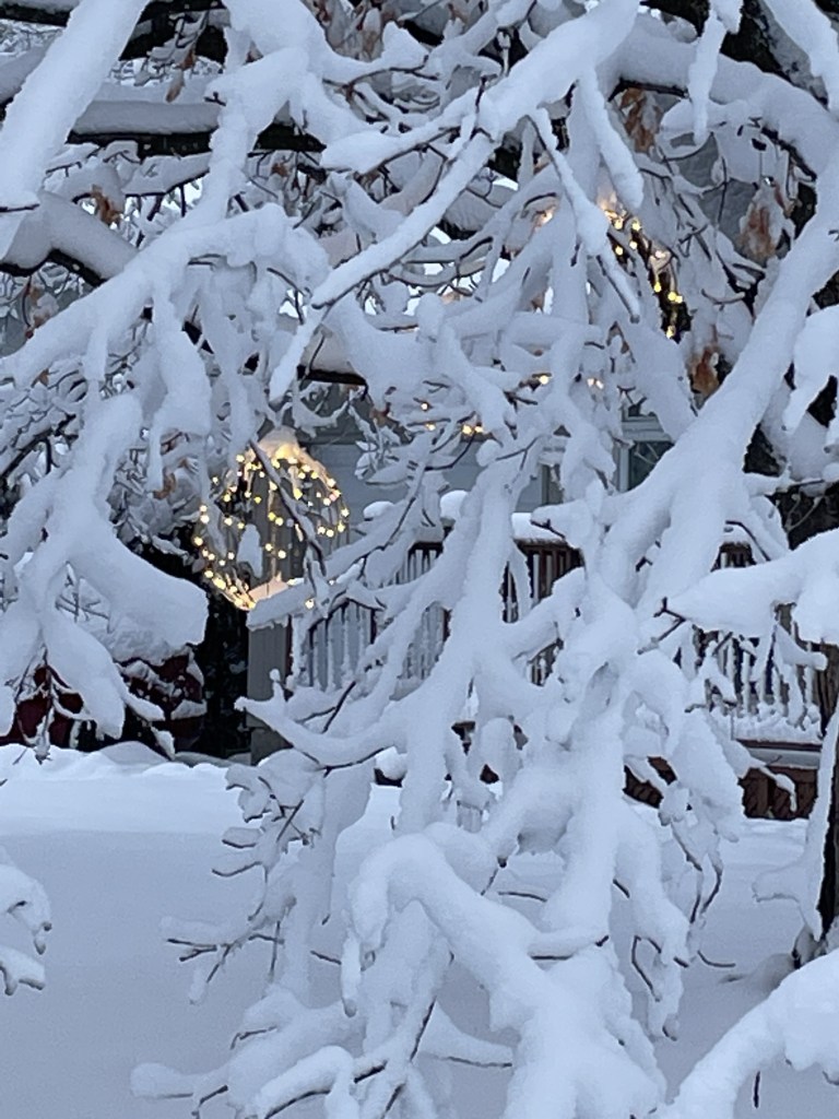 A lit Christmas ball hangs from the branch of a tree laden with snow. 