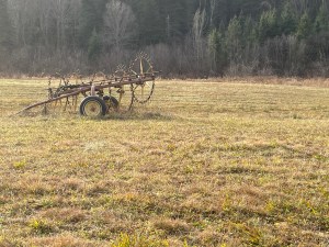 Old farm machinery in the middle of a field of shorn hay.