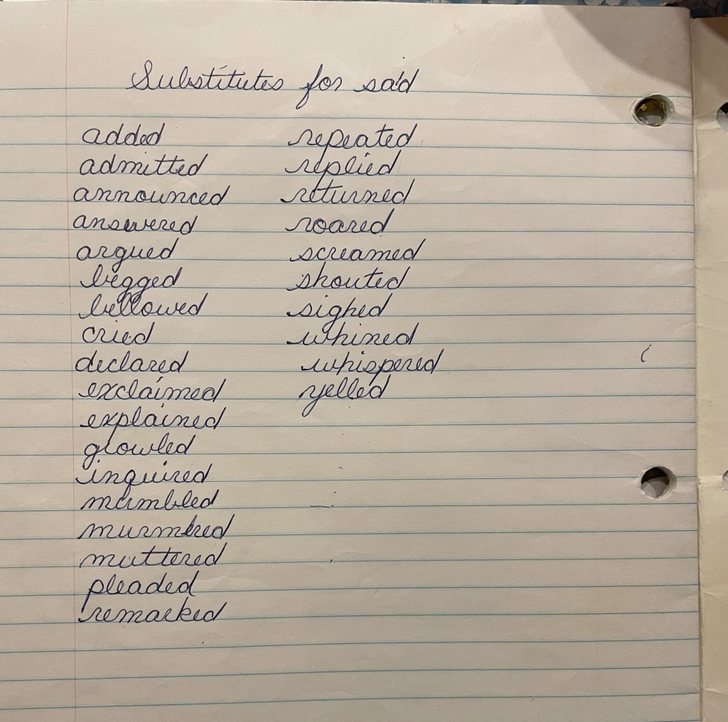 Old notebook with list of Subtitutes for Said: added, admitted, announced, answered, argued, begged, bellowed, cried, declared, exclaimed, inquired, mumbled, muttered, etc.